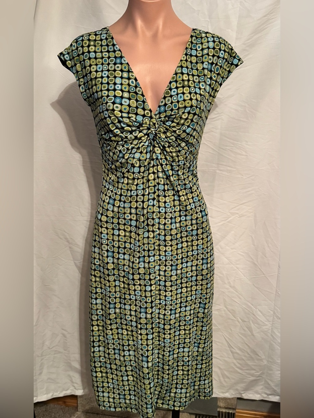 Lady Hathaway Fitted Ruched Front V-Neck Dress in Lime Green and Blue 6